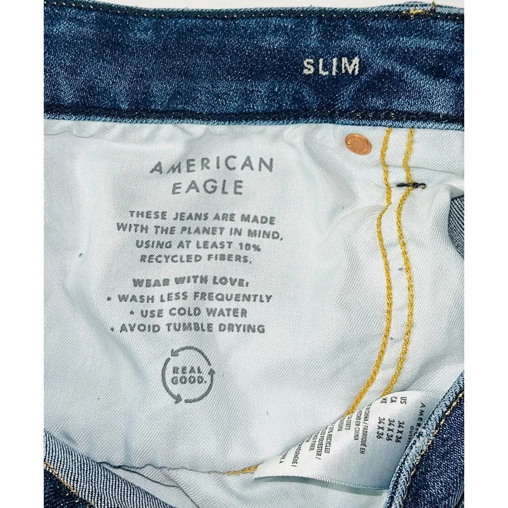 American Eagle Jeans Mens 34x36 Slim Distressed Blue Airflex+ Ripped Denim Tall